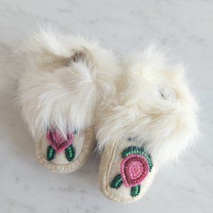 Vintage 80's newborn muk, leather and fur / baby mocassin
